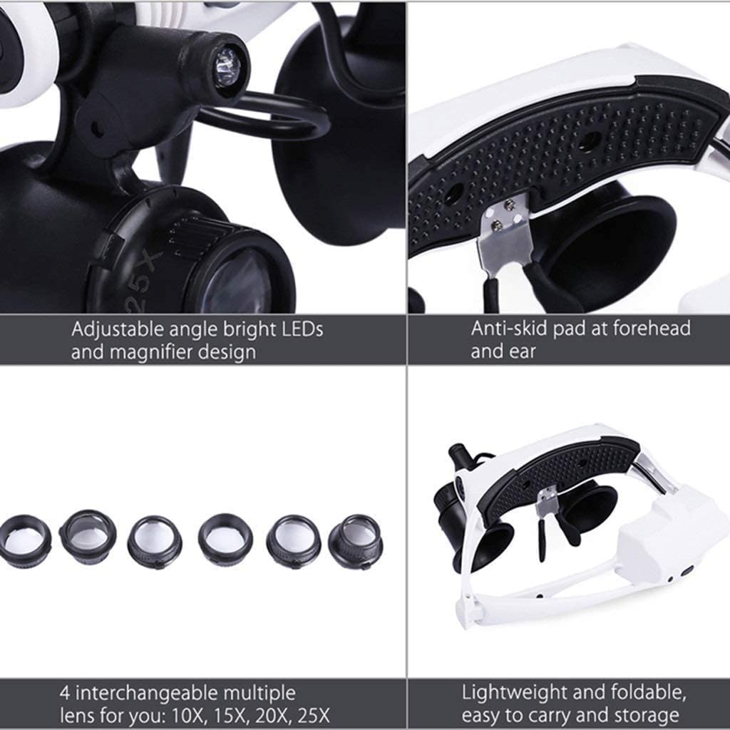 Lupa De Diadema Manos Libres HD con Luz Led - Zoom De 10X A 25X con 4 Lentes Desmontables - Lupa De Cabeza con Luz para Lectura, Lupa para Joyería, Reloj, Etc.