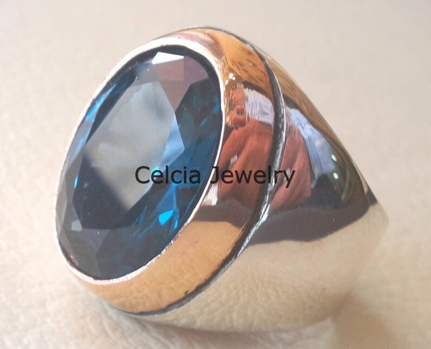 Anillo de piedra enorme ovalada de circón cúbico azul vivo profundo natural, anillo de sello de plata de ley 925 sólida, anillo de declaración, anillo de compromiso de boda
