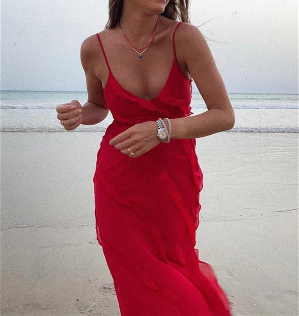 Women Summer Elegant Sling Midi Ruched Bodycon Dress Solid Color Backless Slim Party Cocktail Dresses - Image 4