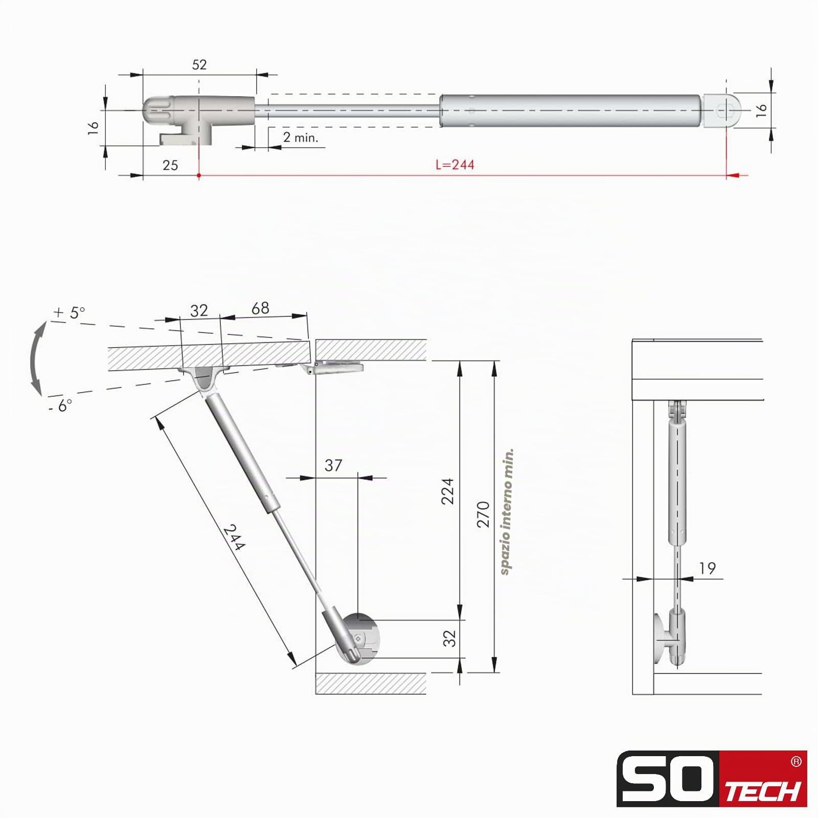 Set di 2 ammortizzatori a gas Italiana Ferramenta KRABY lift up (90 Newton, 277 mm di lunghezza totale) Ferramenta per ante a ribalta adatte a ribalte di armadi e cassettoni