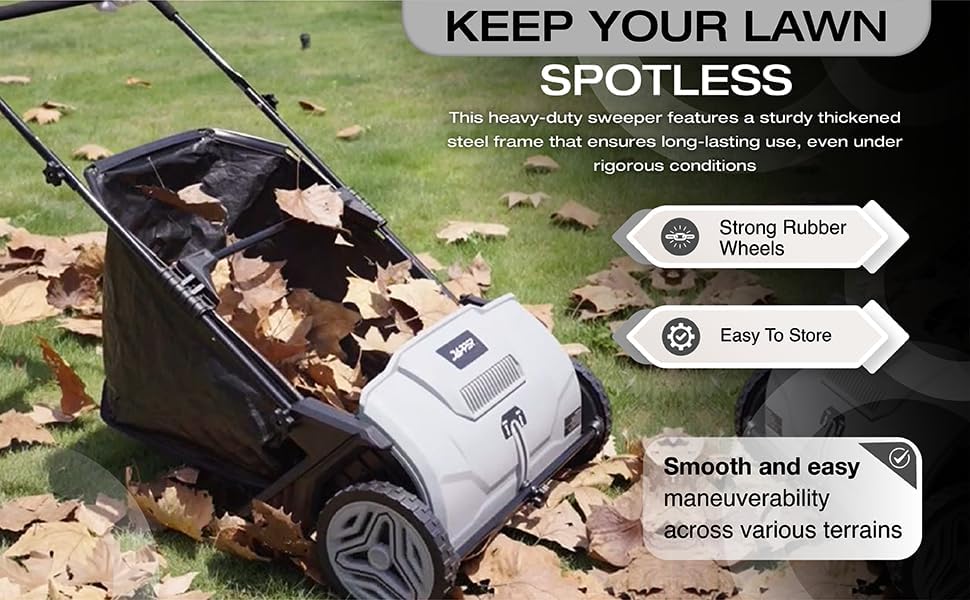 Image showing the Dapper Supply lawn sweeper being stored compactly on a shelf and hung on a garage wall, along with a close-up of the adjustable sweeping height knob and the quick-release mechanism for installation.