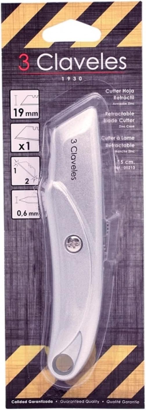 3 Claveles Cutter RETRACTIL METÁLICO Profesional 15 CM. -1 HOJA 3C Retractable Knife with 1 Blade, Metallic, Grey
