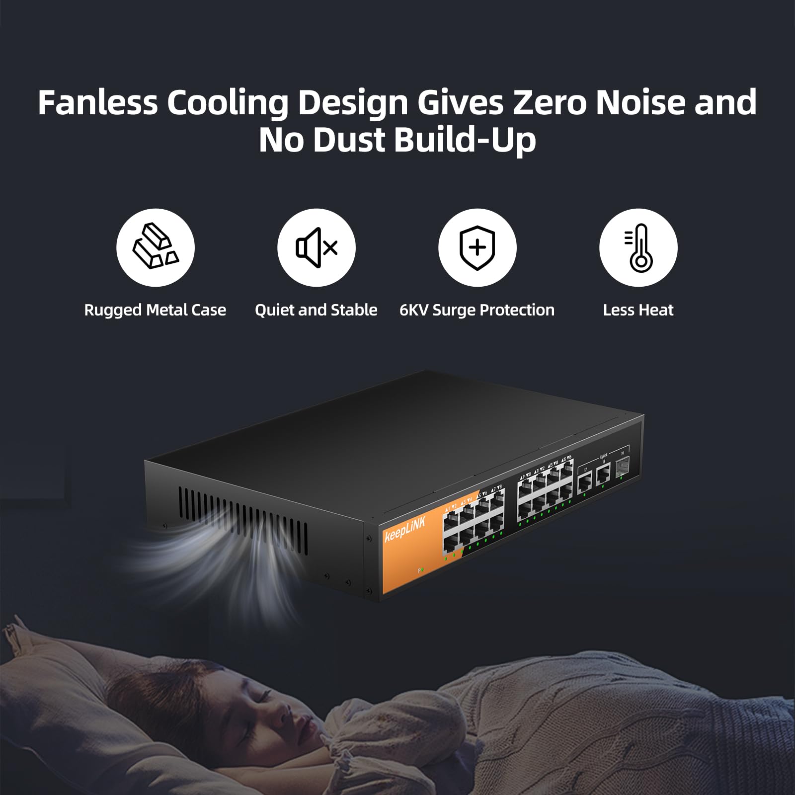 Commutateur Gigabit PoE non-géré à 16 ports, 16 ports PoE+ à 240W, 2 ports de liaison montante Gigabit et 1 emplacement SFP, conforme 802.3 at/af, sans ventilateur et boîtier métallique, pour