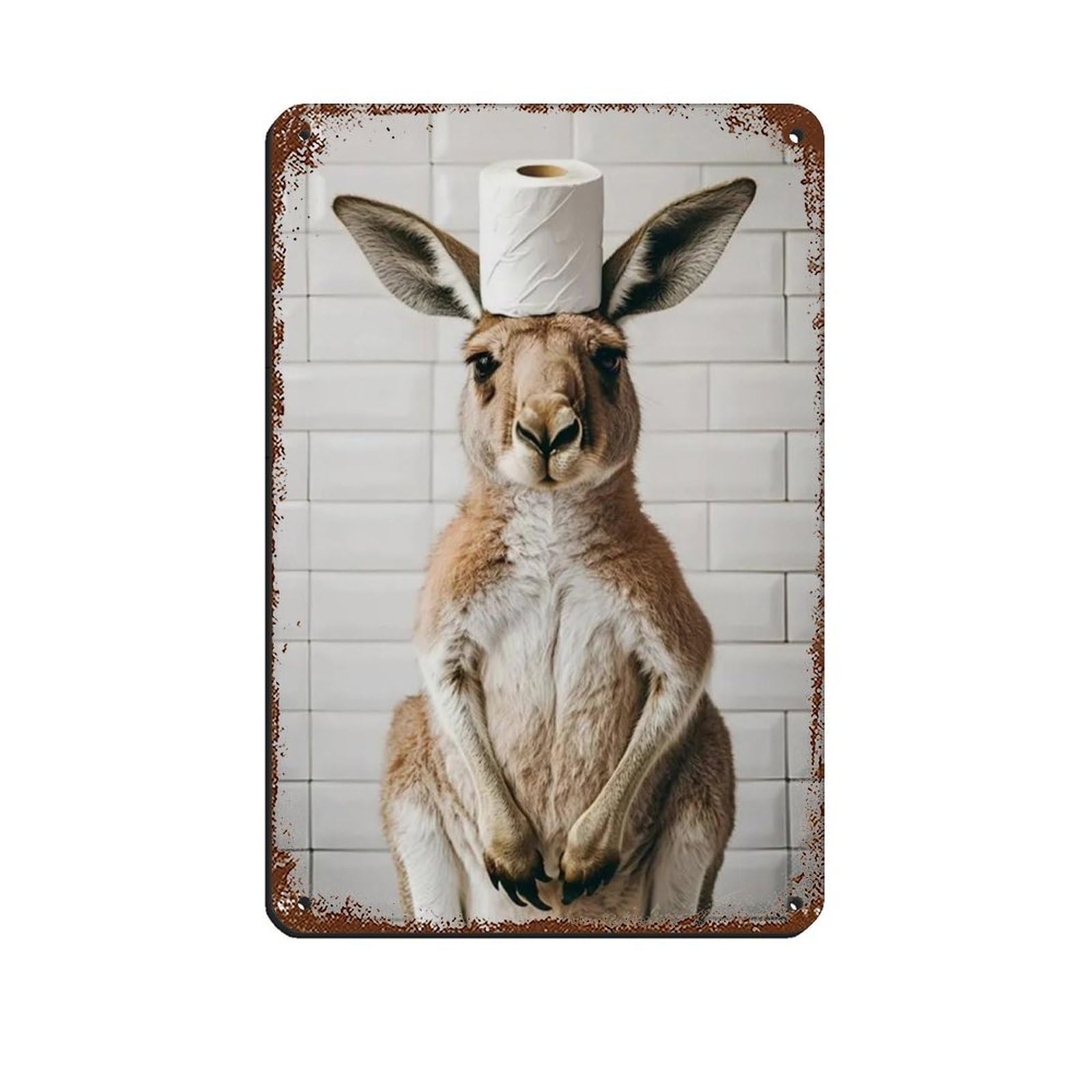 Kangaroo with A Toilet Paper Roll on Head Retro Poster Metal Tin Sign Chic Art Retro Iron Painting Bar People Cave Cafe Family Garage Poster Wall Decoration 8x12inch(20x30cm)