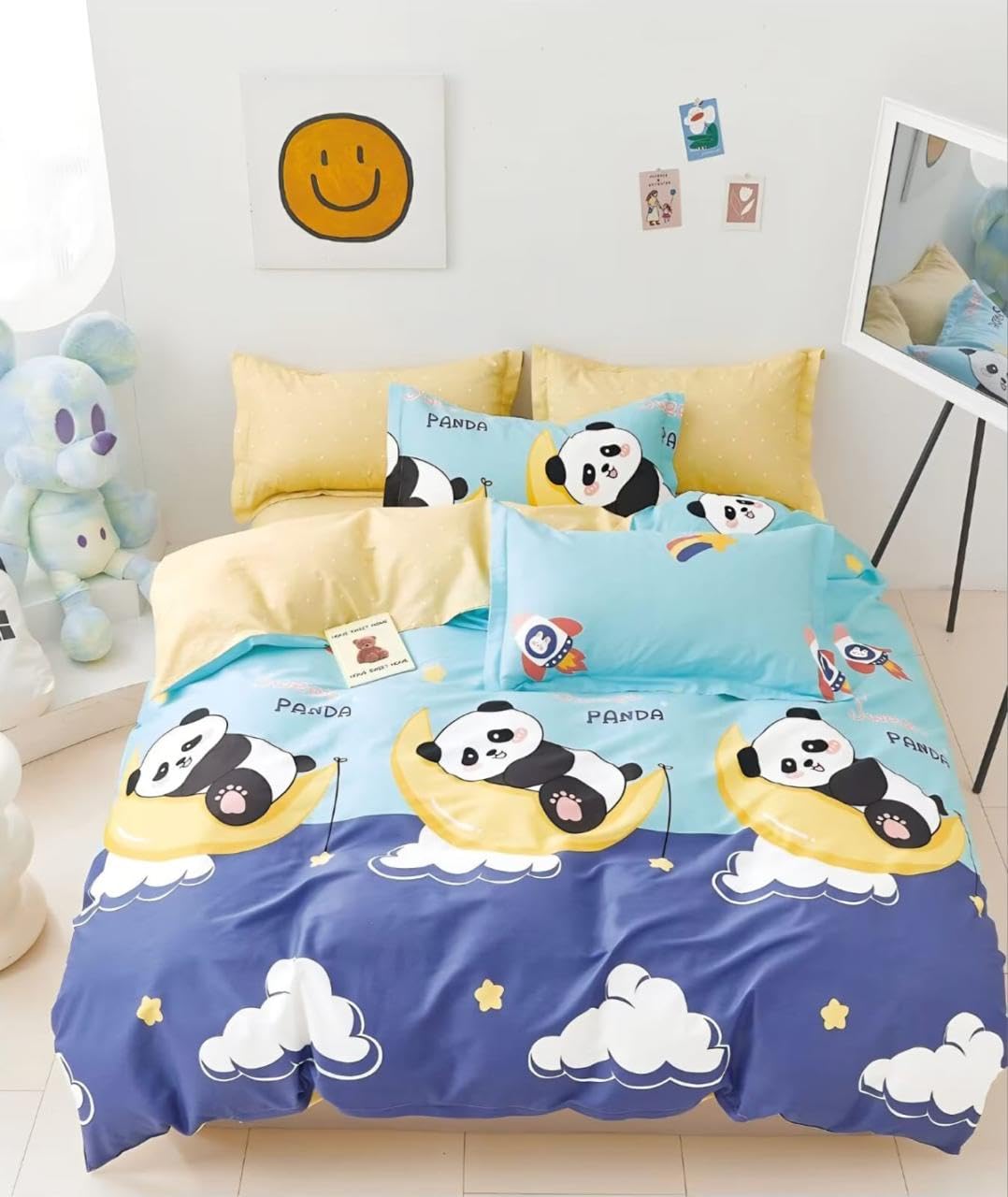 Filymore Kids Single Bedsheet with Pillow Cover – Cloud Panda Theme, 240 TC Soft Microfiber Bed Sheet for Single Bed (90x60 Inches), Breathable & Skin-Friendly Kids Bedding Set, Sky Blue & Purple 3