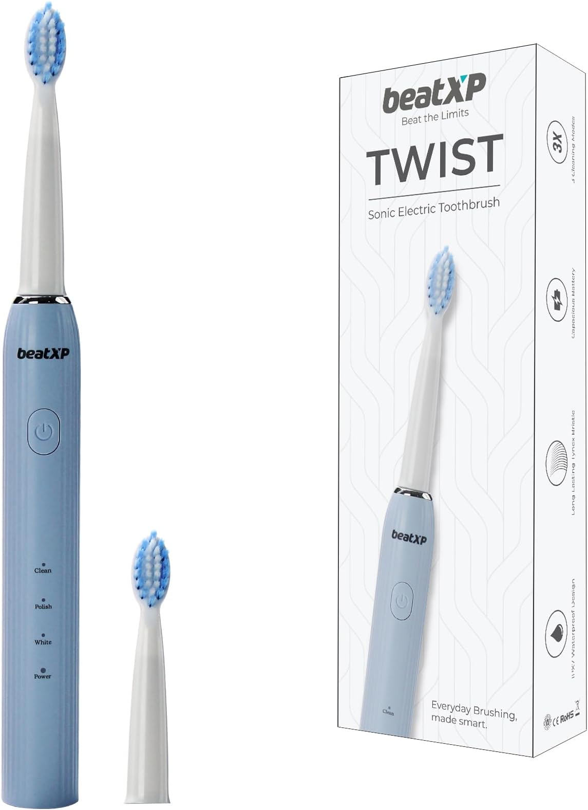beatXPTwist Sonic Electric Toothbrush for Adults with 4X Plaque Removal & 2 Brush Heads & 3 Cleaning Modes | Rechargeable Electric Toothbrush | 20500 strokes/min with Long Battery Life (Blue)