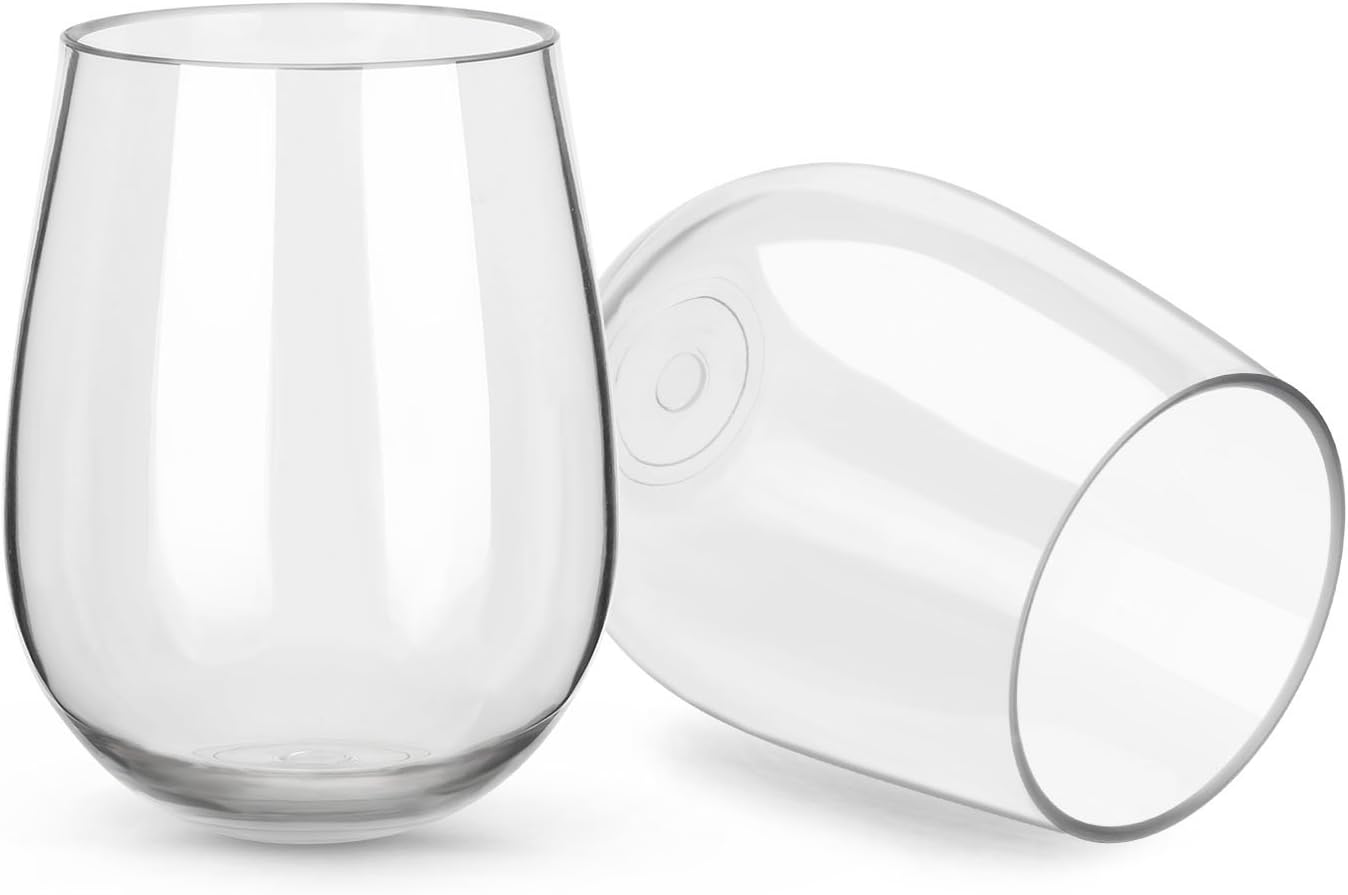 Unbreakable Stemless Wine Glasses with Thick Bottom (15oz) - Set of 4 Wine Glass Tumbler, Made of 100% Shatterproof Plastic, Suitable for Wine and Drinks, Perfect for Indoor or Outdoor Parties