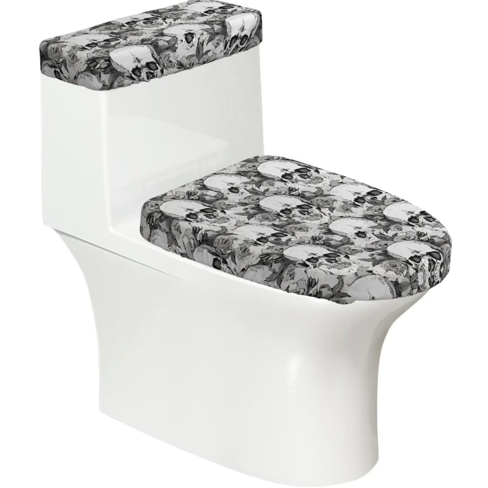 Skull Skeleton Printed Toilet Tank and Lid Cover Set of 2 for Most Bathrooms, Fits Elongated Round Toilets