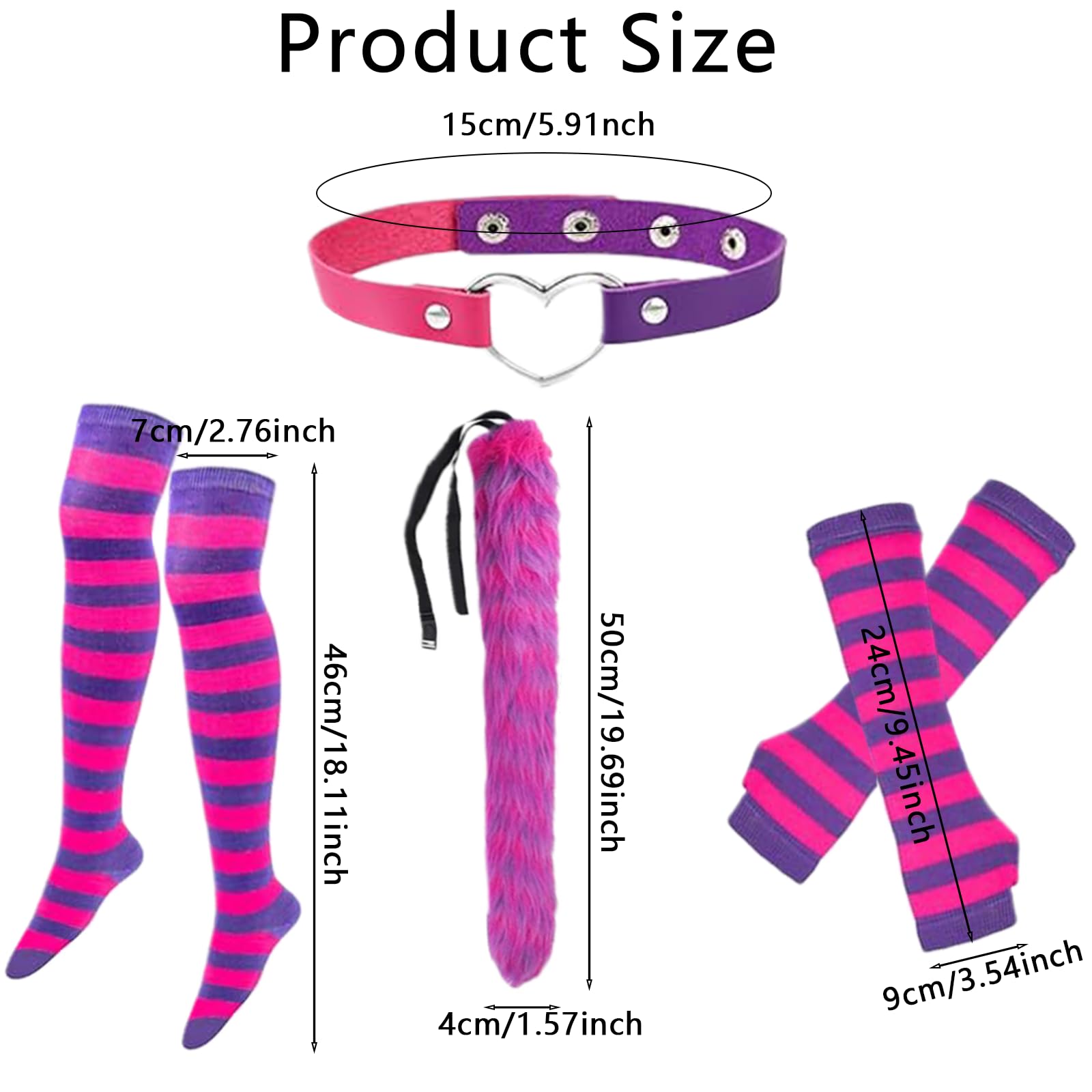 Werownsgso 7 PCS Pink Purple Striped Cat Costume With Striped Gloves Leg Warmers Cat Ears Necklace And Tail Suitable For Halloween Carnival And Role Playing Accessories - Image 2