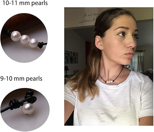 Miniatura 4 de Collar de gargantilla de perlas cultivadas de agua dulce para mujer blanco en cordón de cuero genuino joyería anudada