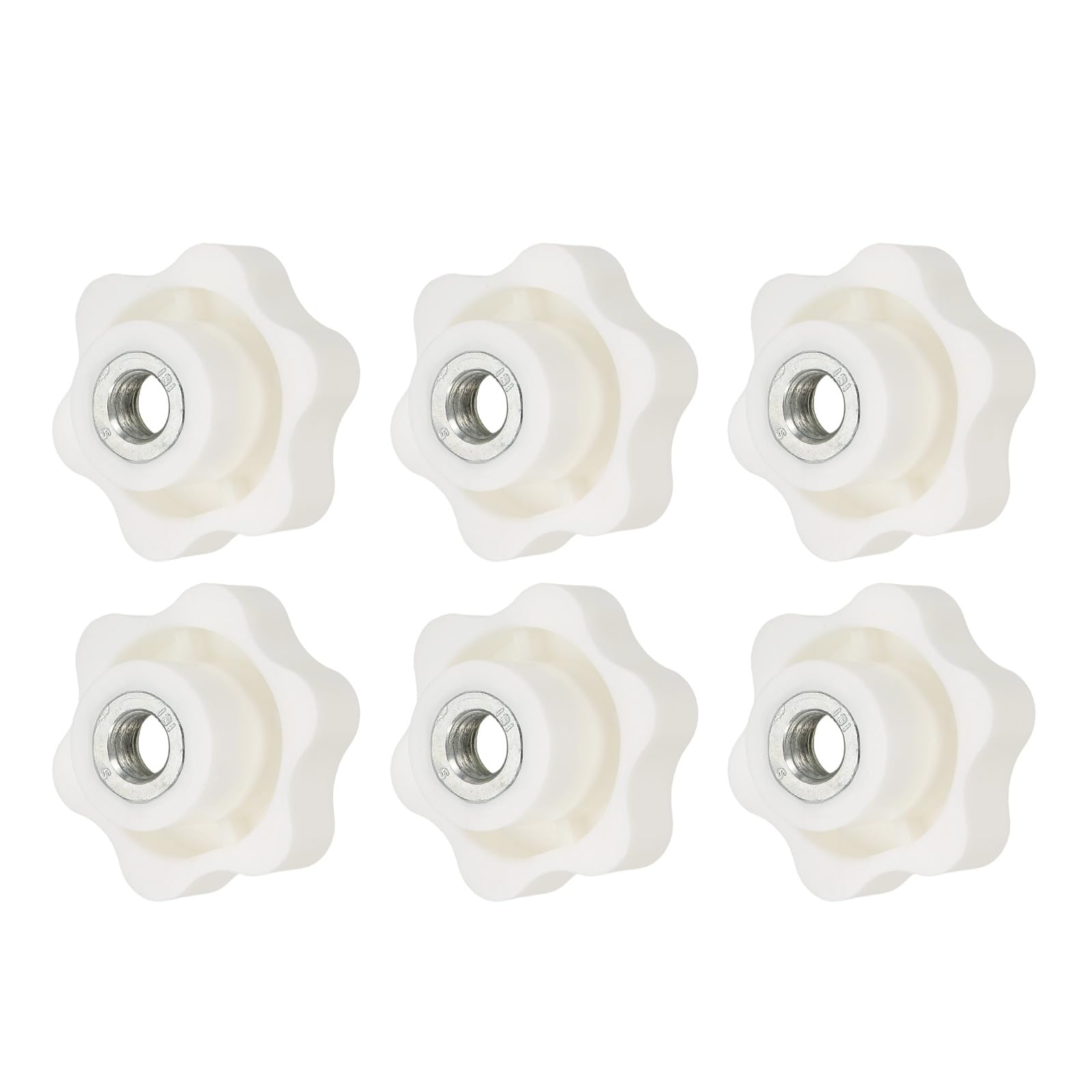 YELARXI Clamping Nuts Knob Plastic Screw-On Iron Star Knobs Knurled M10 Female Threaded Hexagon Head, 1.9 Inch Head Diameter Fit for Lawn Mower Handle Machinery (6 Pack, White)