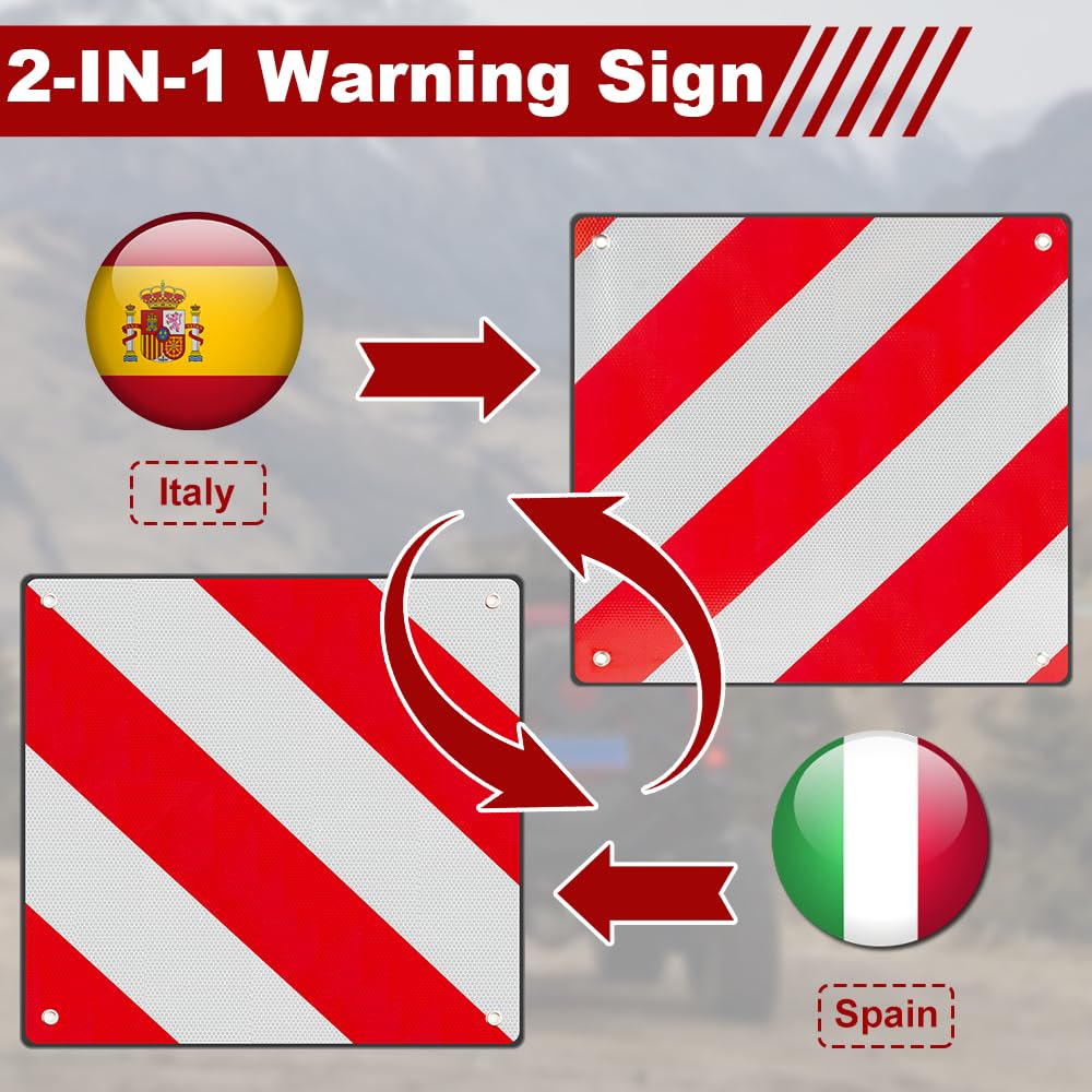 50x50cm Panneau Avertissement Porte-Vélos, 2 en 1 Panneau davertissement Aluminium Italie Espagne avec 4 Cordes Tension, pour Porte-vélos, Remorque Arrière, Voiture, Camping-car