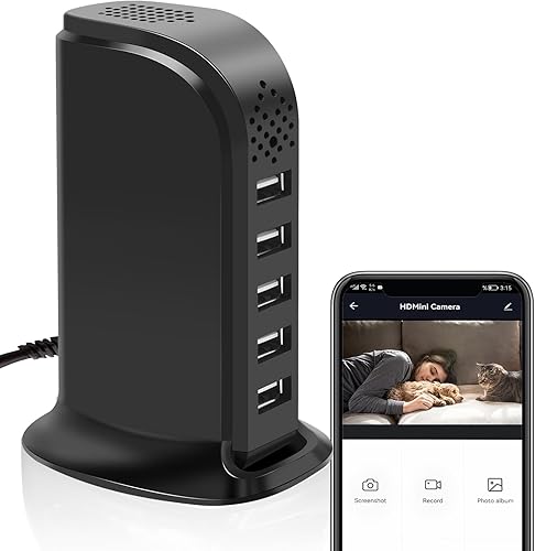 Cargador de cámara oculta, cámara espía portátil de seguridad WiFi 1080P, mini cámara de niñera con bucle para vigilancia interior de hasta 128 GB