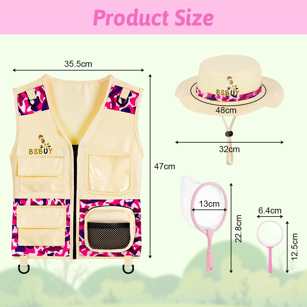 Kit d'exploration Enfants, 4Pcs Costume Explorateur Extérieur Camouflage avec Filet à Papillons et Loupe, Kit de Aventurier Extérieur, Cadeau d'exploration Nature pour Garçon Fille, Rose - 2