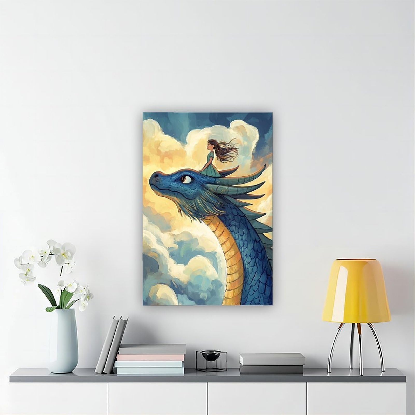 Poster su tela, motivo: ragazza che cavalca un drago, decorazione per