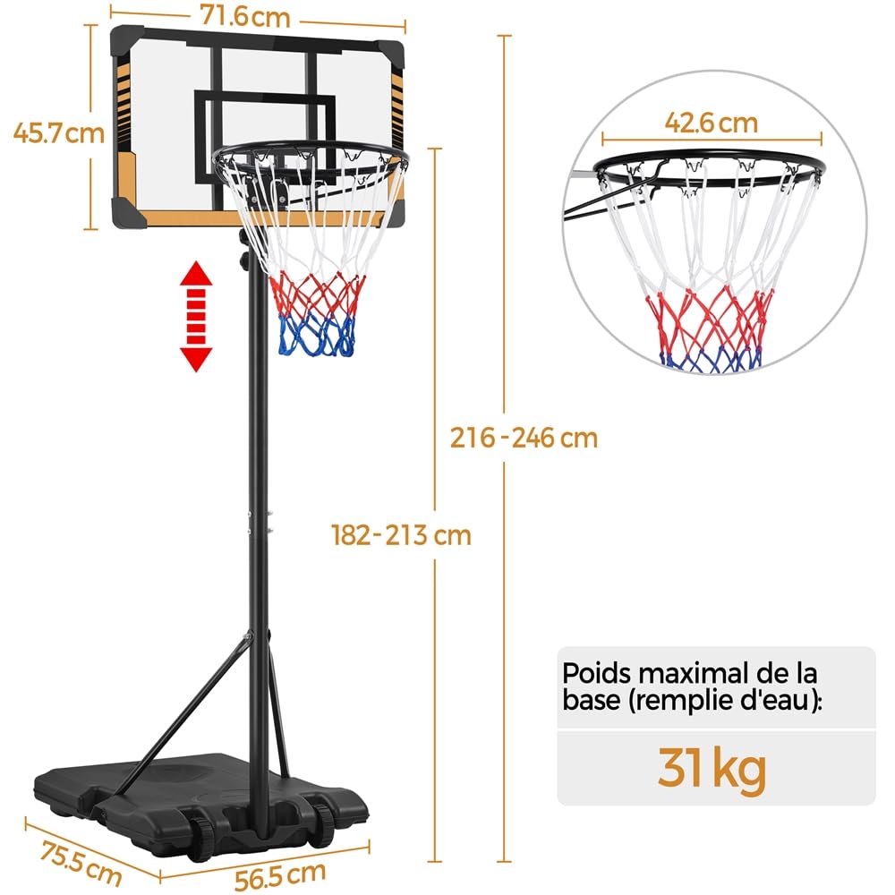Yaheetech Panier de Basket Portable Réglable en Hauteur Panier de Basket Extérieur/Intérieur pour Moins de 10 Ans