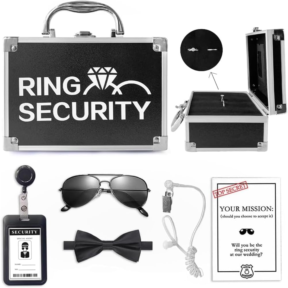 Ring Security Wedding Ring Bearer Briefcase Gift, 6PCS Ring Box with Badge, Bow Tie, Sun Glasses, Earpiece & Mission Card Special Agent Security for Wedding Proposal Outfit Cosplay