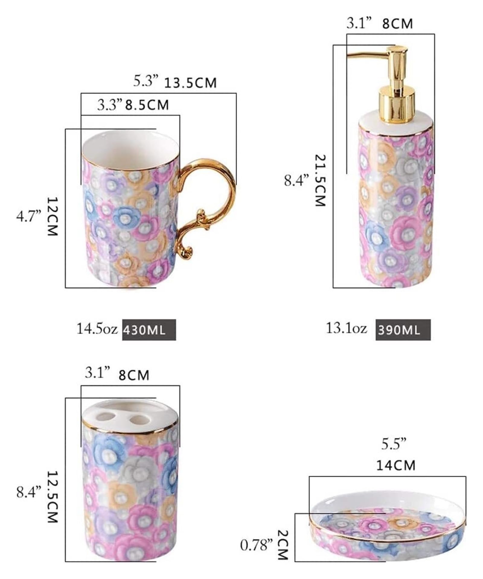 Dispensadores de jabón de encimera, Juego de Accesorios de baño de 5 Piezas, Bomba dispensadora de jabón, Soporte para Cepillo de Dientes, Vaso, jabonera, cerámica Pintada(