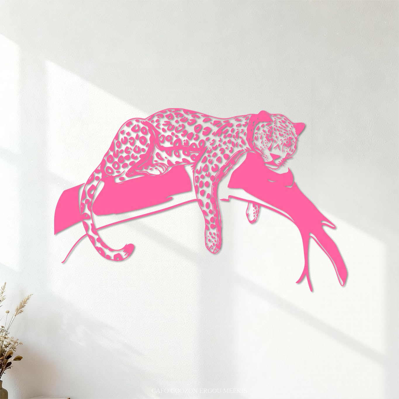 Vinyl Wall Decals Cartoon Leopard Playing On Tree Kids Jungle Animals Tiger Cat Branch 64x102.2cm Waterproof Pink