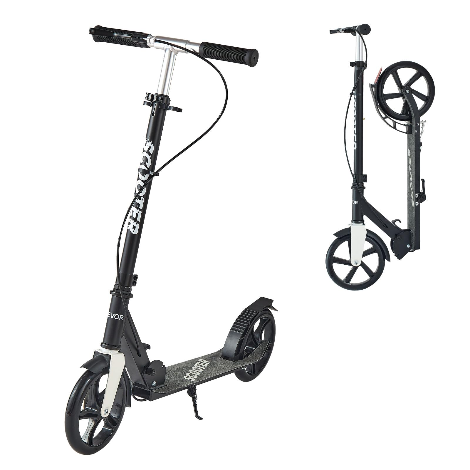 VEVOR Patinete a Niños a Partir de 8 Años, 2 Ruedas, con Manillar Regulable en Altura y Base Antideslizante, Freno Mano, Marco de Aleación Aluminio, hasta 100 kg, Negro Plata, 900 x 380 x 1000 mm