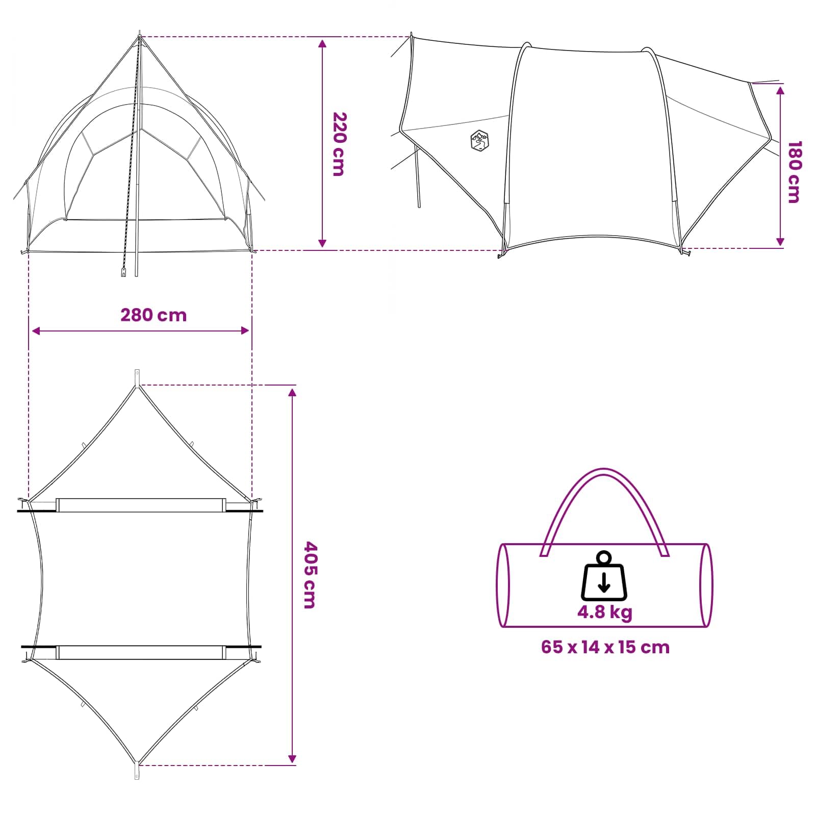 Heck-Awnings wodoodporna oliwkowa zieleń, 405 x 280 x 220 cm, poliester 185T z powłoką PU, włókno szklane i stal, ochrona przed promieniowaniem UV, lekka, na kemping, podróż, na zewnątrz