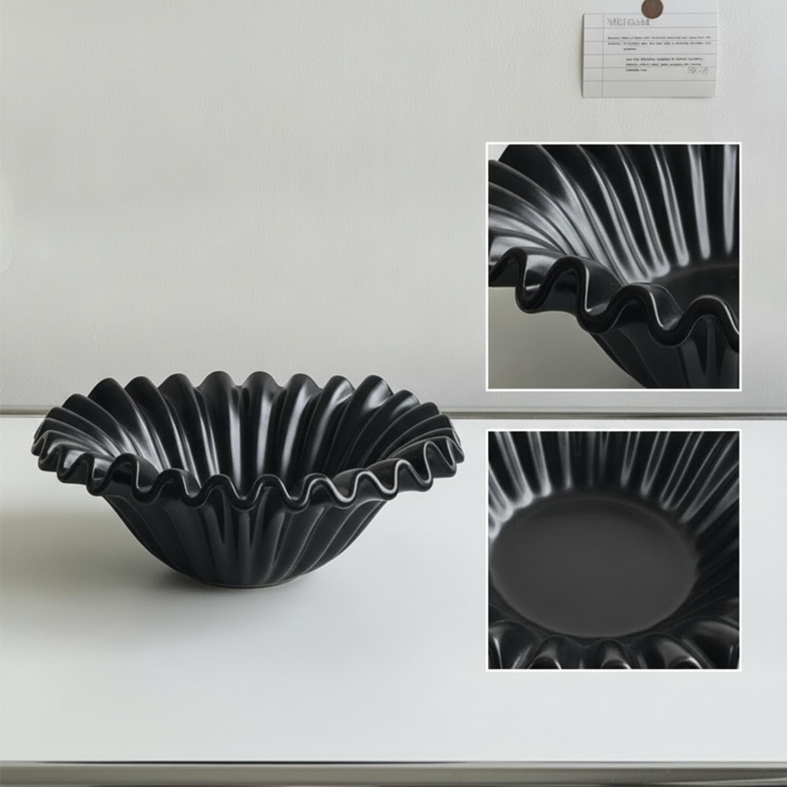 perfk Tazón Industrial para Frutas en Cerámica Diseño Ondulado con Pedestal Decoración Funcional y Práctica Adecuado para Recibidor y Oficina, Negro, 26 12.7cm