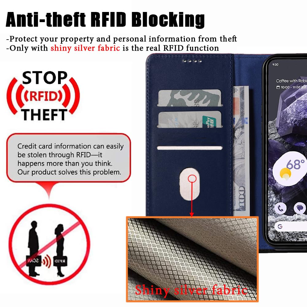 iWEOCO for Google Pixel 8 Case Wallet with Anti-Theft RFID Blocking Cash Credit Card Slots Protection Strong Magnetic Clasp Closure Kickstand Pixel 8 Wallet Case (Blue)