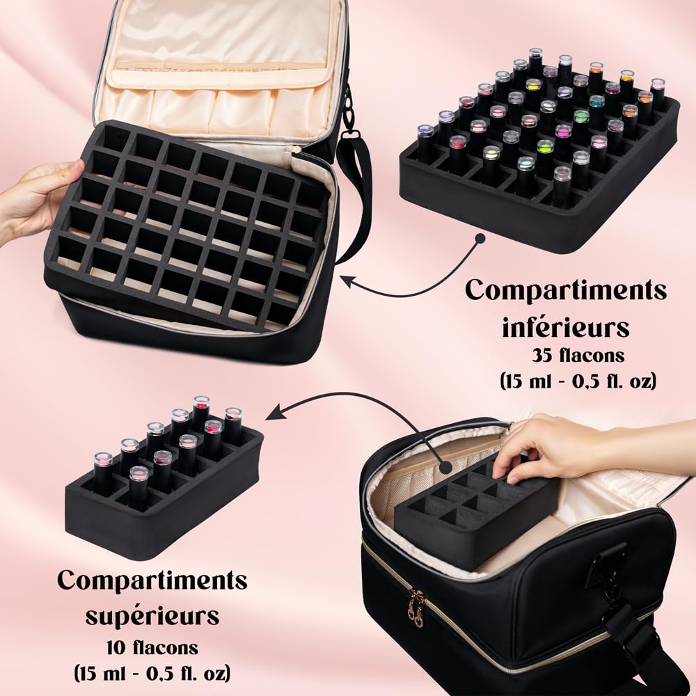 Bolsa de almacenamiento de esmalte de uñas – Maletín profesional para manicura y barniz – Estuche compacto con bandeja extraíble para 45 barnices (15 ml)