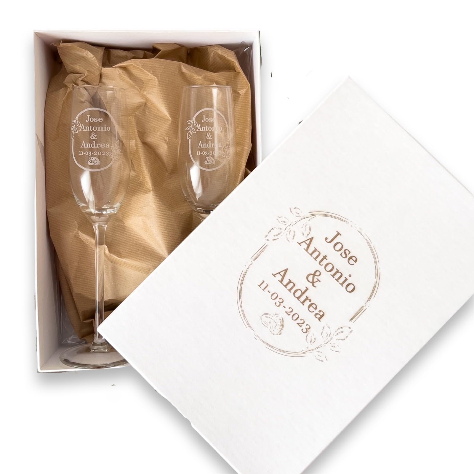 Pack de dos copas de cava personalizadas de cristal con caja - 21cl - Copas champán personalizadas para novios - Regalo de Boda, Celebraciones, Bodas de Oro o Bodas de Plata