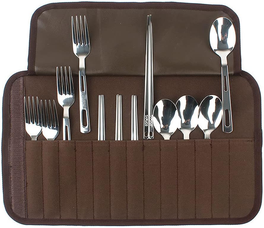 13 Piece Stainless Steel Family Cutlery Picnic Utensil Set with Travel Case for Hiking Camping Hiking Barbeque Travelling, Forks Spoons Chopsticks for 4 Persons