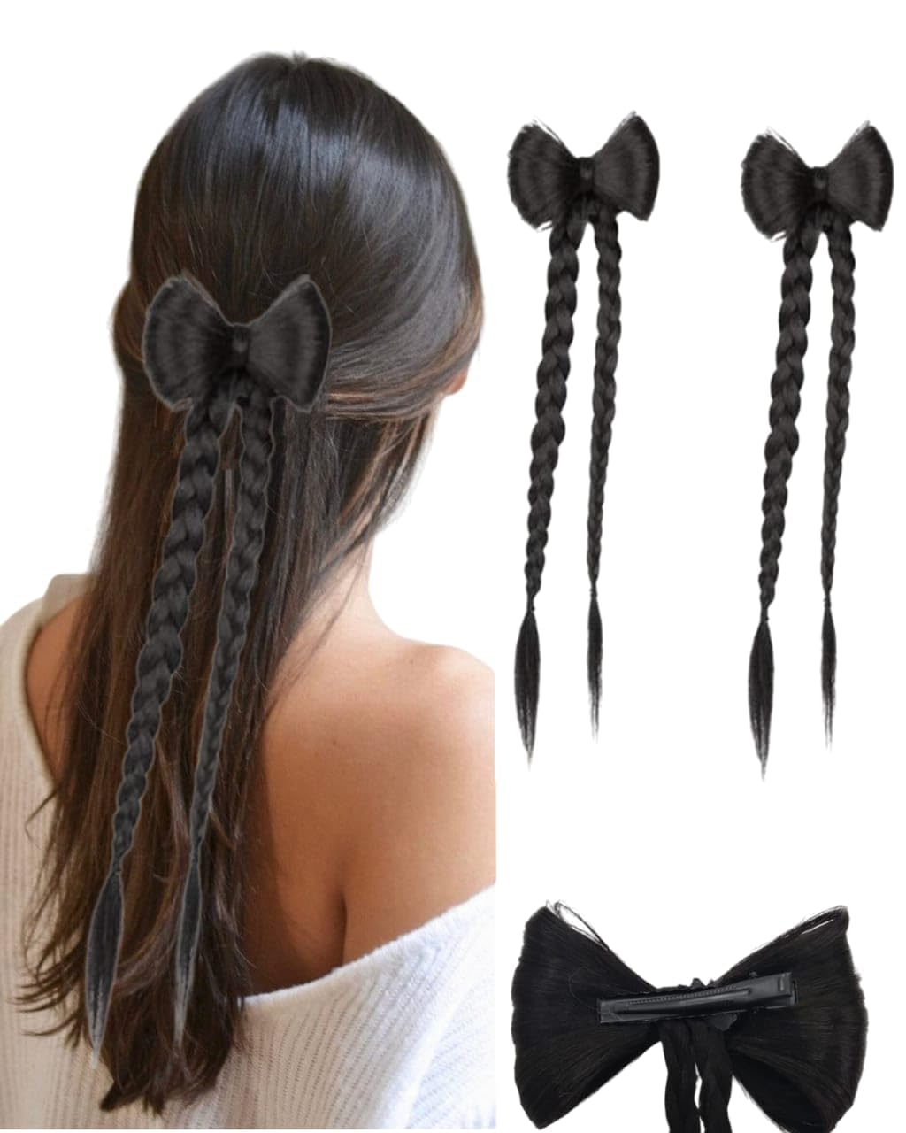 MISS LIRENN® 02 PCS Hair Bow Knot Design Ponytail Hair Extensions with Rust Free Barrette- 1 Hair Extension With 2 Style- Twist Style Ponytail & Pontail Hair Extnsion, 14 Inch Long, (Black)