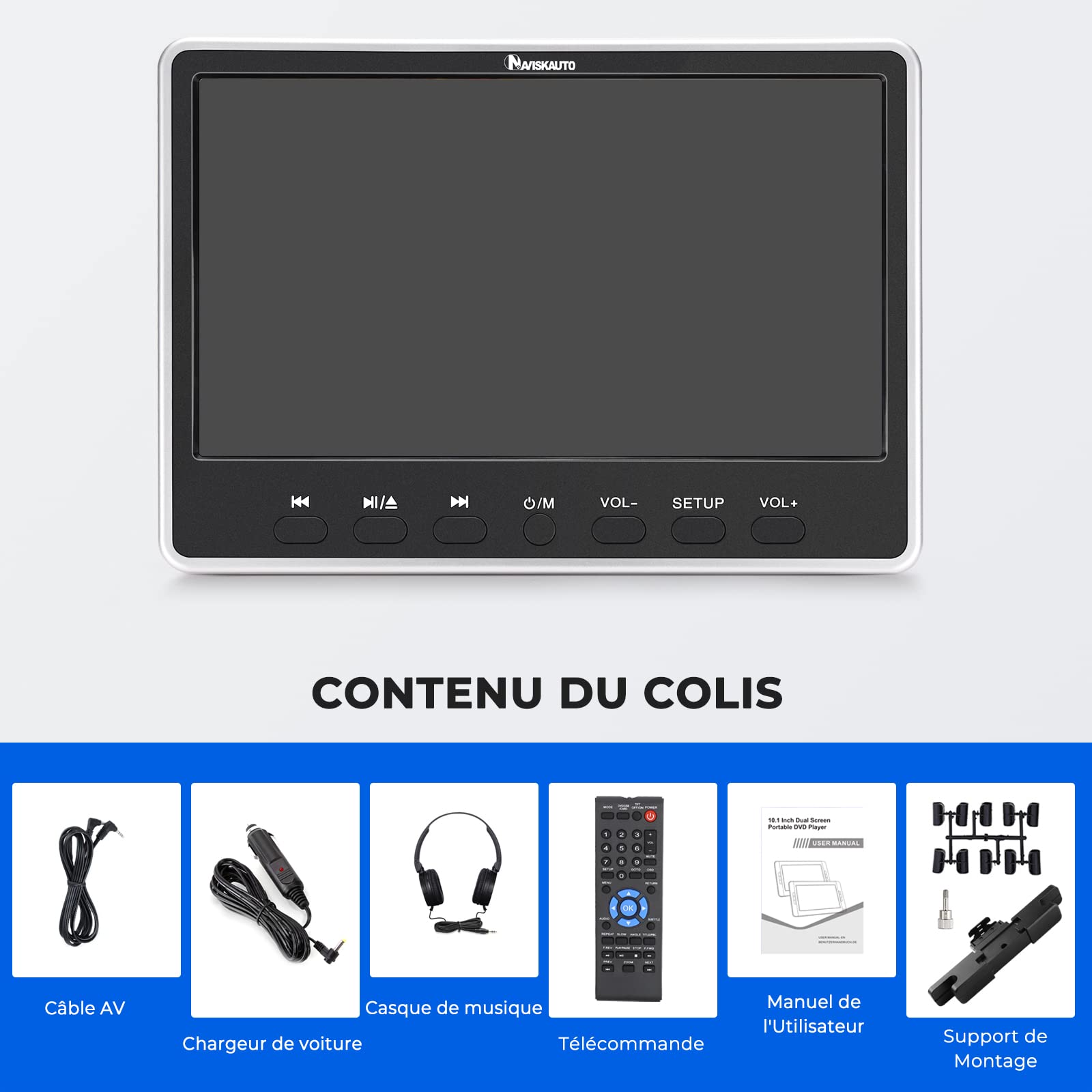 NAVISKAUTO Lecteur DVD Voiture Ecran d'appui tête avec Cable AV et Ecouteur pour Enfant 12 Pouce Compatible avec MP3, Supporte HDMI Input Région Libre USB SD