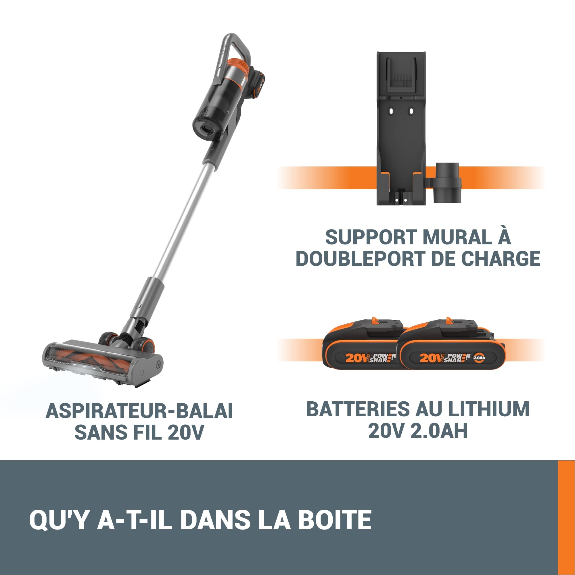 WORX 20V Akku Staubsauger WX038, 25kPa Handstaubsauger, 2x2Ah Akkus & Dual | 25 kPa Handstaubsauger, 45 Min. Laufzeit, für Haustierhaare, Teppich & Auto, 2x2Ah Akkus, Wandhalterung, Doppellader