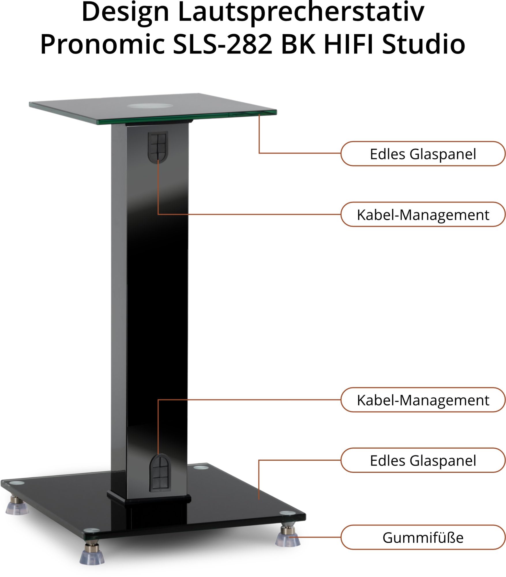 Pronomic SLS-282 BK Lautsprecher Stative Paar - Stilvolles Design mit 2 Glasplatten - Höhenverstellbare Spikes Plus Gummifüße - Verdeckte Kabelführung auf der Rückseite - 10 kg Tragfähigkeit