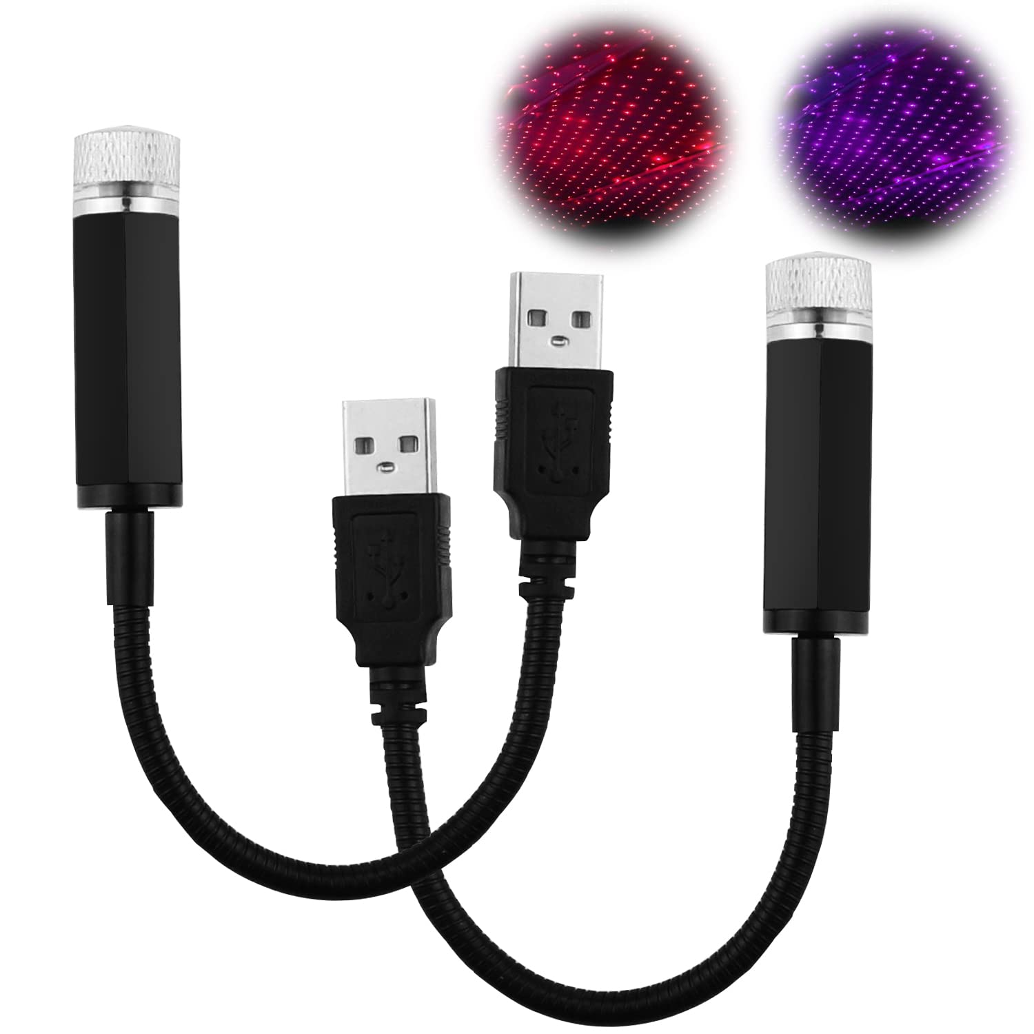 MUEEAD2 Pieces Mini Projector Lamp, 360 Degree Rotating Romantic Starry Sky Night Light, USB Port Projector, Indoor Decoration, Suitable for Car, Bedroom, Dating, Birthday Party (Red, Blue Purple)