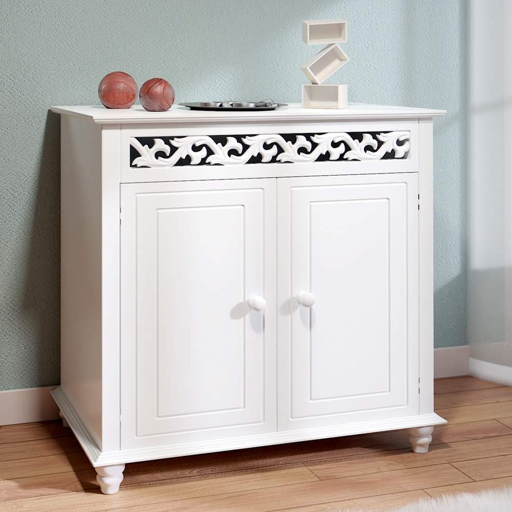 Casaria® Mobiletto Bianco Stile Country 76x65x35cm 2 Scomparti Armadietto Multiuso con Ante Mobile Bagno Consolle Ingresso Credenza Cucina Madia Soggiorno Mobili Salone Arredamento Casa Mobile TV