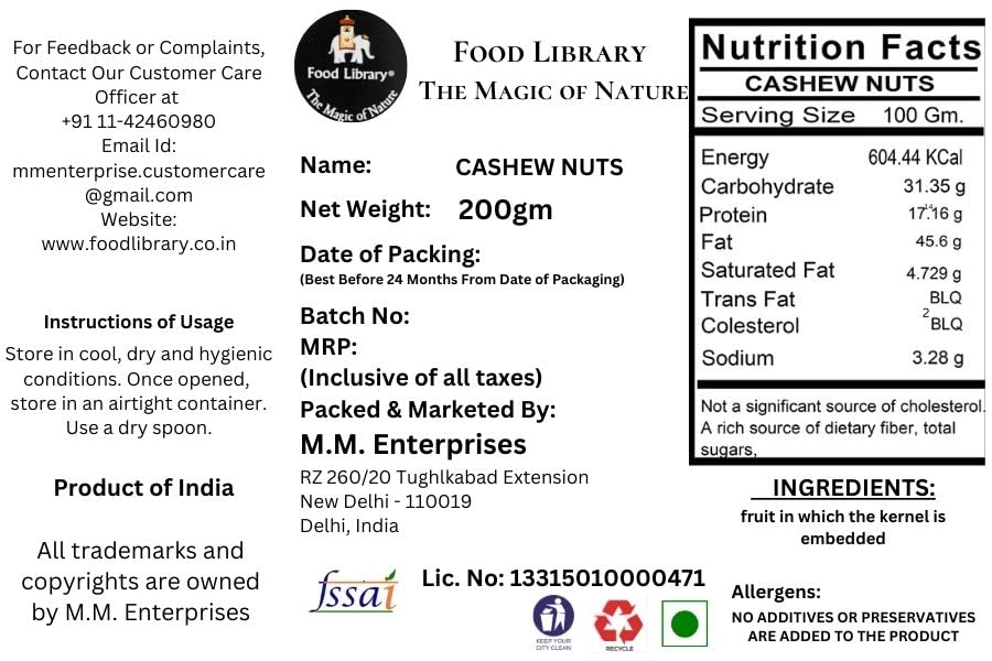 Food Library The Magic Of Nature Cashew Nuts - Kaju (200 g)