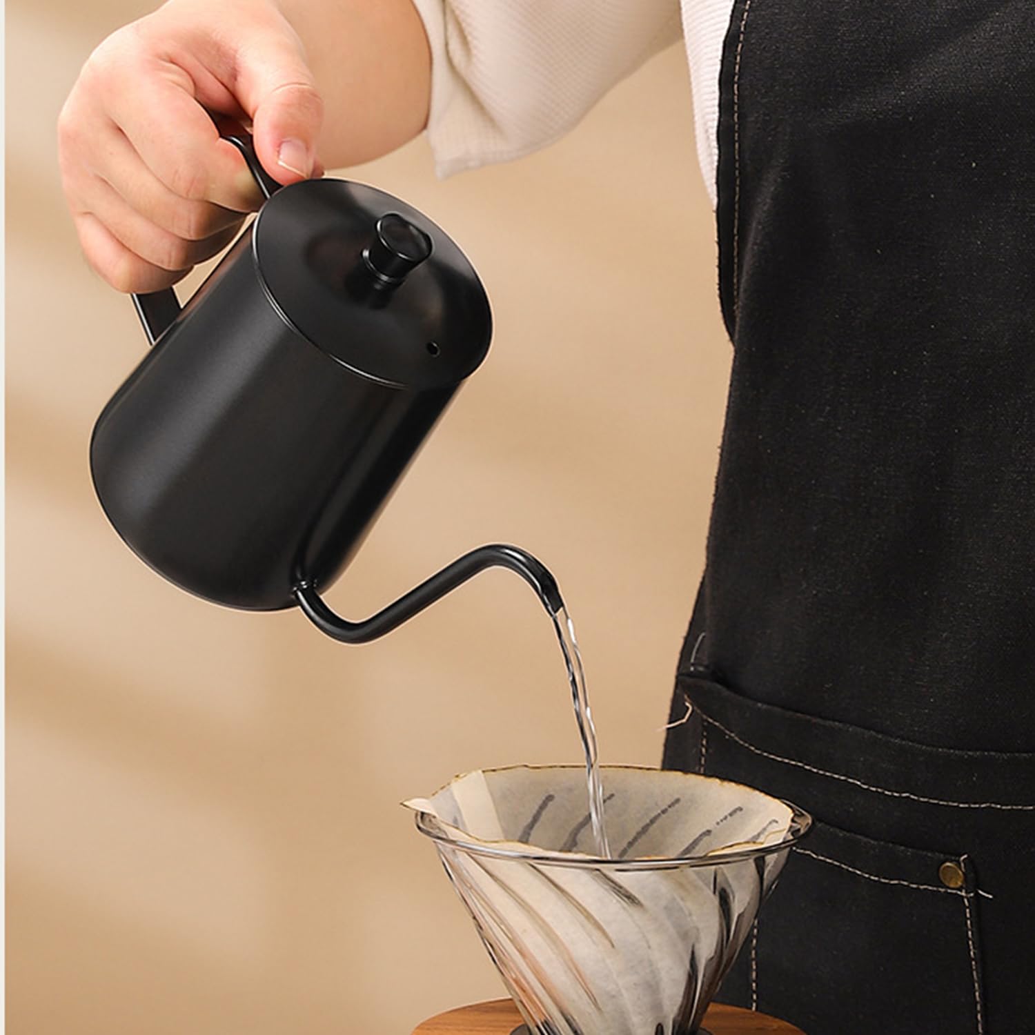 Bollitore da caffè a collo d'oca da 600 ml, in acciaio inox, con beccuccio lungo e stretto, bollitore antigoccia (nero)
