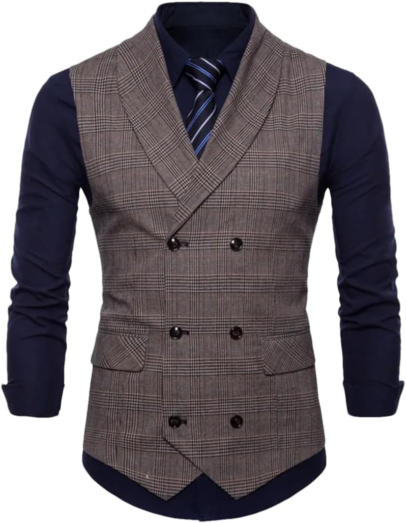 Men’S Vintage Plaid Double Breasted Suit Vest Slim Elegant Waistcoat Casual Vest