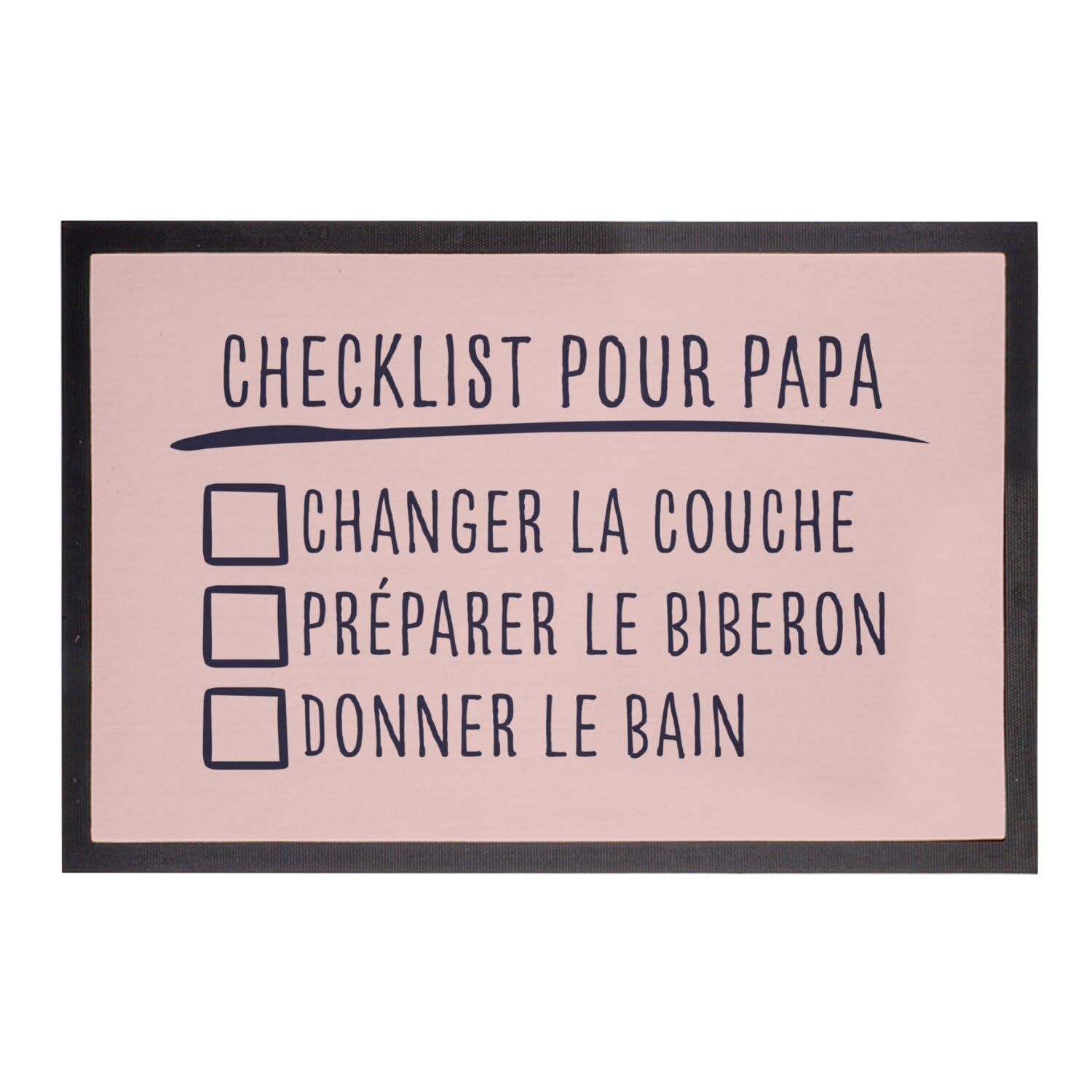 Paillasson rose checklist bébé blague humour cadeau de naissance original pour jeunes parents