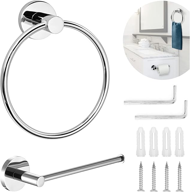 Toilet Paper Holder and Towel Ring Set, Toilet Towel Holder Stainless Steel Toilet Roll Holder Towel Ring Hanging Round Hanger Polished Chrome Contemporary Bathroom Accessory Set for Bathroom,Hotel