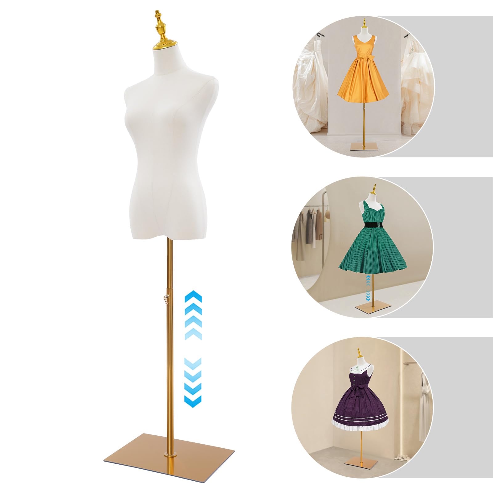 Forma de vestido para mujer, maniquí de pie, ajustable, maniquí, soporte para vestido de novia, soporte de 70 – 130 cm (dorado, cuadrado)