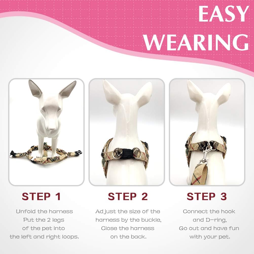 No Pull Dog Harness and Leash Set - Adjustable Plaid Step in Puppy Basic Harness for Small Medium Dogs Cats (S(Chest 15.7-22.8in), Pink)