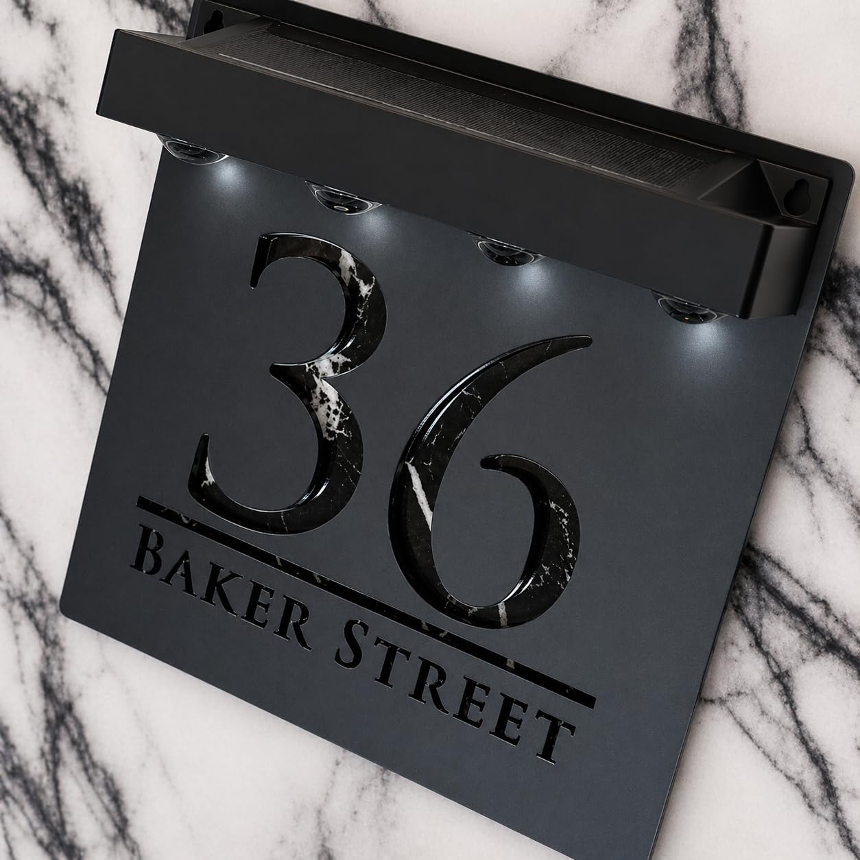 K Smart Sign | Bellissima S1 LED F32 | Square Solar Light House Signs Door Number Plaques With LED Personalised Name Address Sign For Wall With Classic Text (Matt Black & Black Marble)