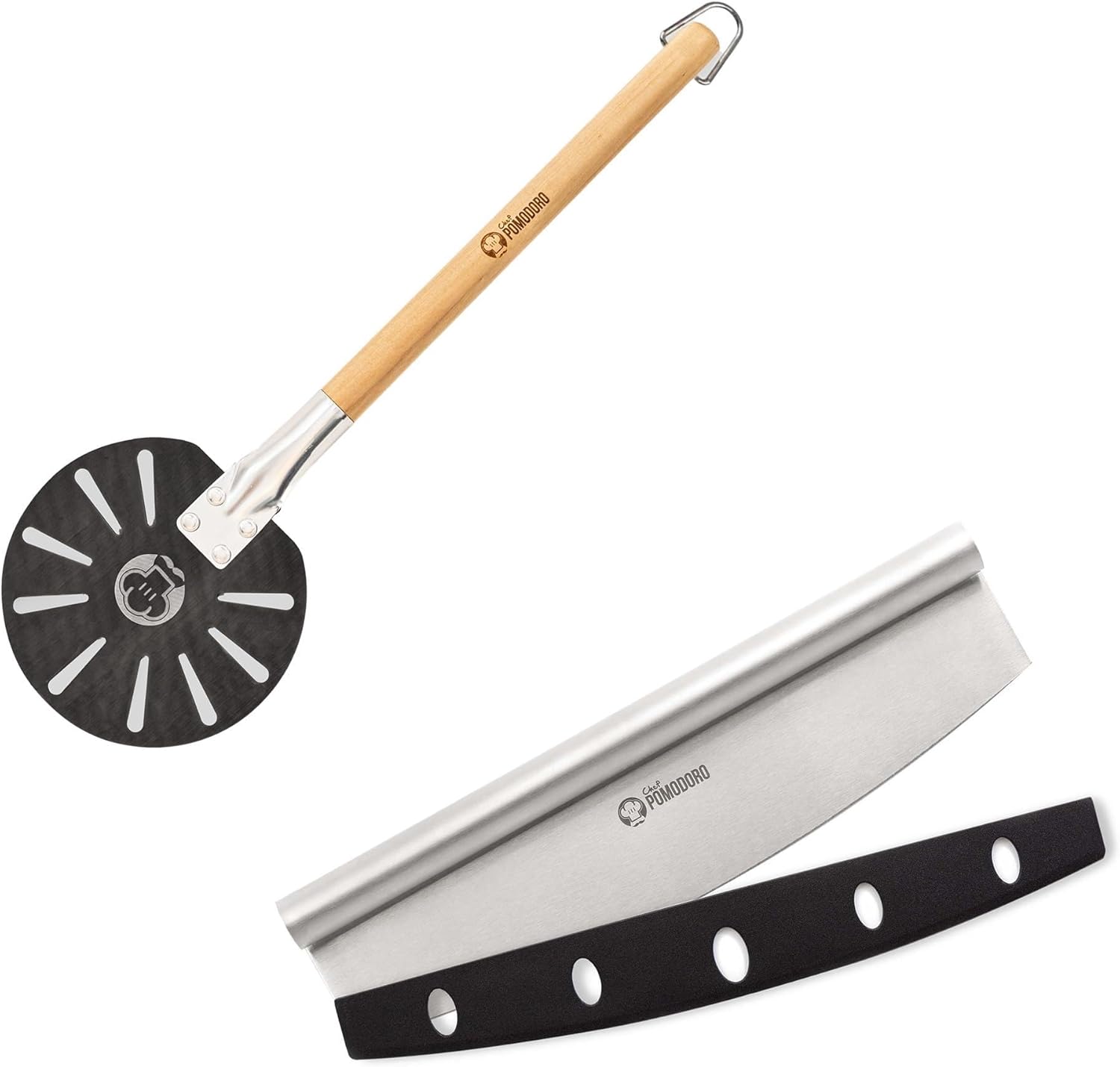 Chef Pomodoro Bundle - 7 inch Pizza Turning Peel Aluminium with Wood Handle for Easy Storage and Pizza Cutter Rocker Knife with Protective Cover Multipurpose 14 Inch Mezzaluna Chopper