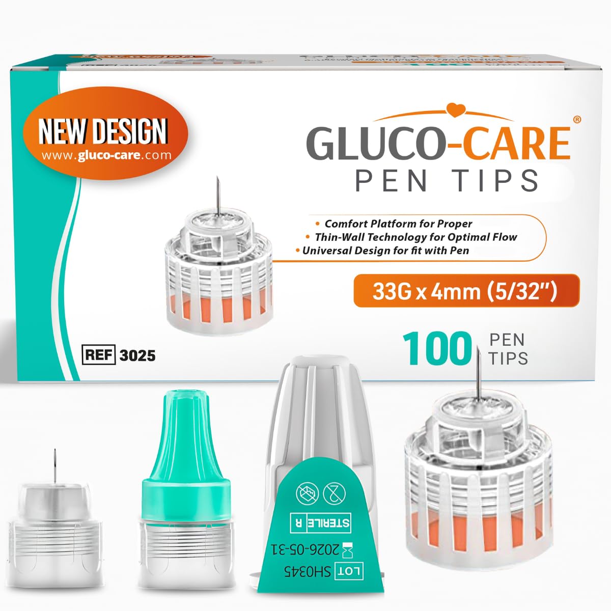 GLUCO-CARE Plus Pen Tips 33G x 4mm, Universal Fit, Comfort Design, 100/bx, Flat Base for Optimal Skin Contact and Extra Thin-Wall Technology for Optimal Flow and Fast delivery