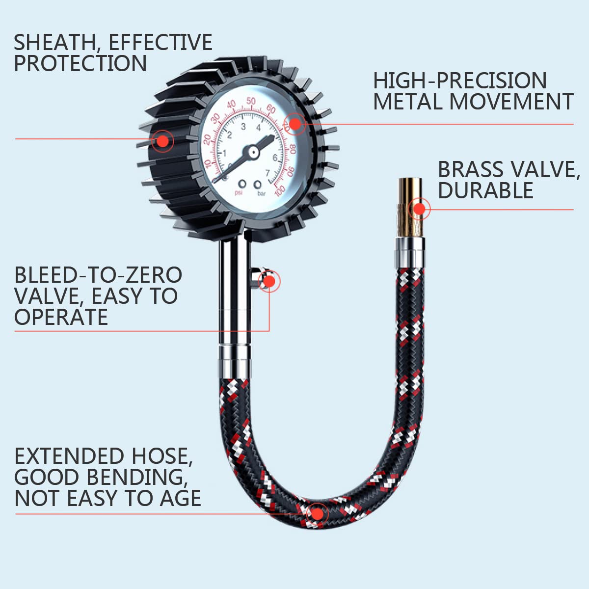 manometr do opon， Tester ciśnienia w oponach samochodowych 100 PSI Łatwy do odczytu, odpowiedni motocykli, samochodów ciężarowych i rowerów