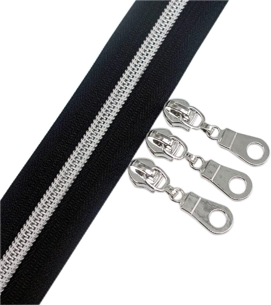 YaHoGa #5 Silver Metallic Nylon Coil Zippers by The Yard Bulk Black Tape 10 Yards with 25pcs Pulls for DIY Sewing Tailor Craft Bags (Black)