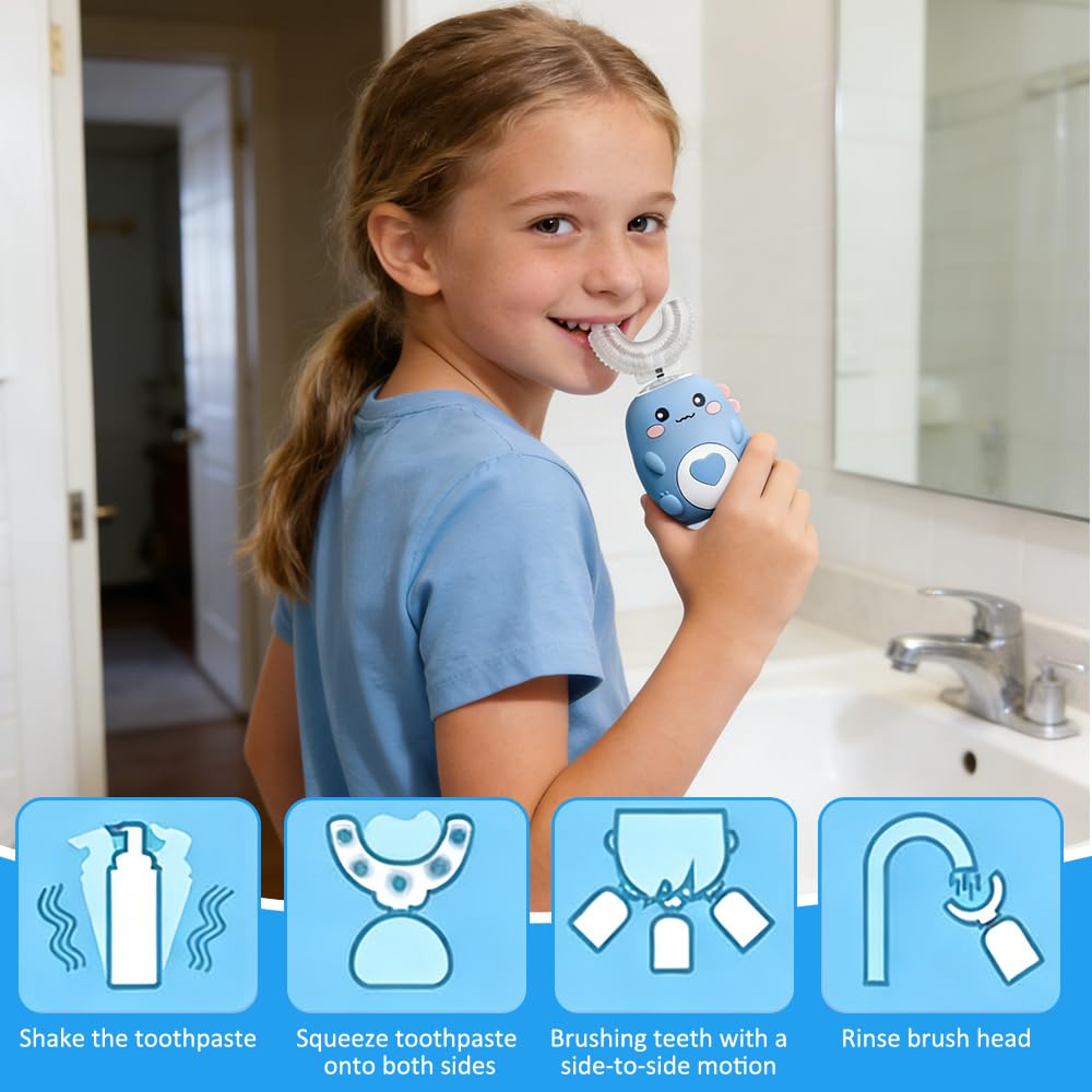 Cepillo Electrico Infantil 2-8 años, NAVESO Ultrasónico Cepillo de Dientes Eléctrico Niños en Forma de U, 360° Dinosaurios Electric Toothbrush Infantil con 3 Cabezales de Silicona