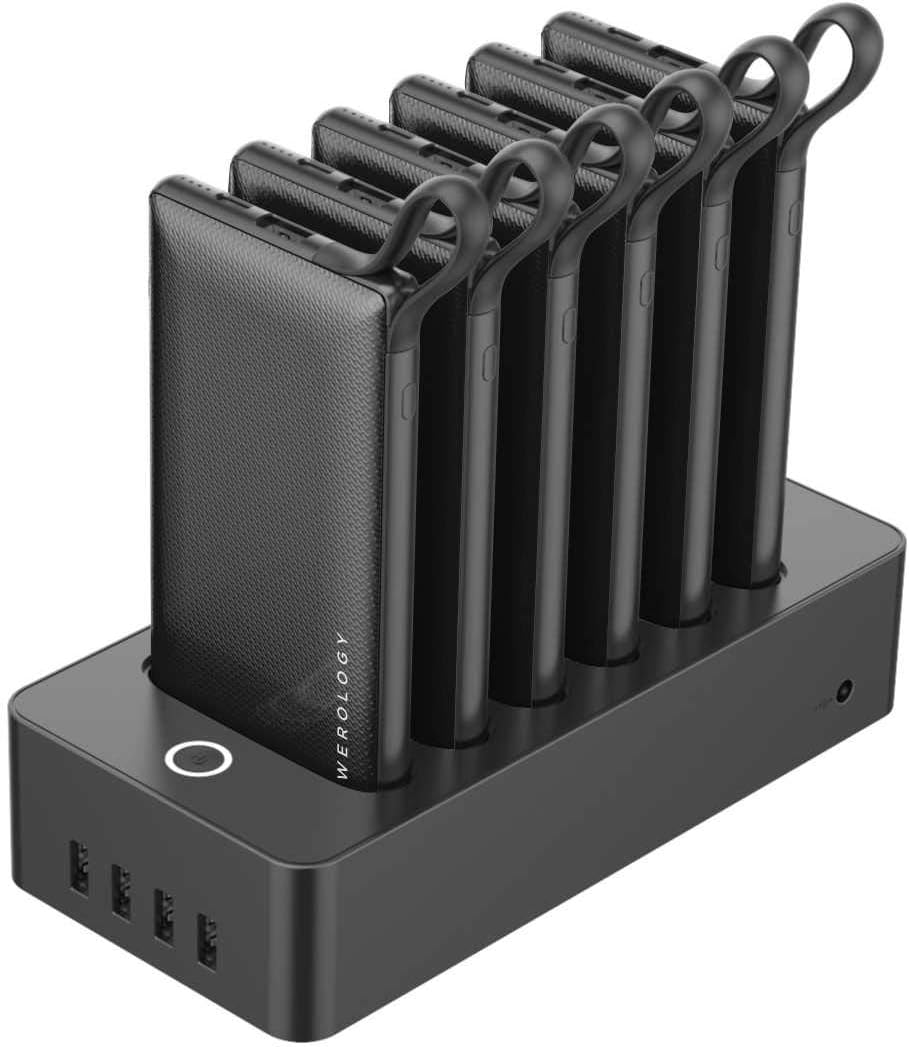 Powerology 6 in 1 Power Bank Station 10000mAh With Built-in Cable,3 Portable Power Bank Packs & 1 Rapid Recharging Station Compatible With iPhone 13 Pro Max,14 Pro Max Galaxy Note, Xiaomi - (Black)